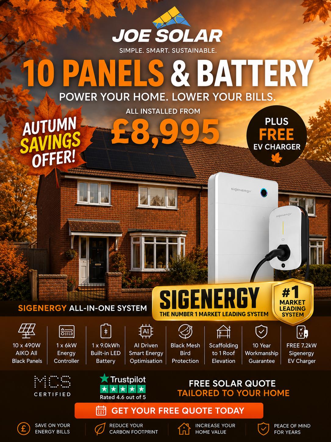 Joe Solar Autumn Savings Offer - 10 panels and Sigenergy battery installed from £8,995 plus a free EV charger